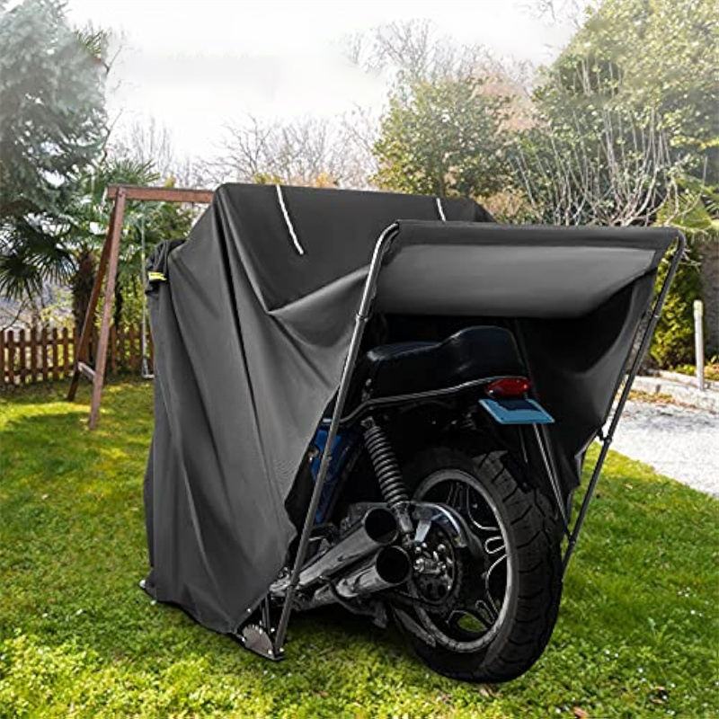 All-Weather Waterproof Motorcycle Garage Shelter 600D Black Strong Structure Easy Installation Modern Style Metal Frame Pressure